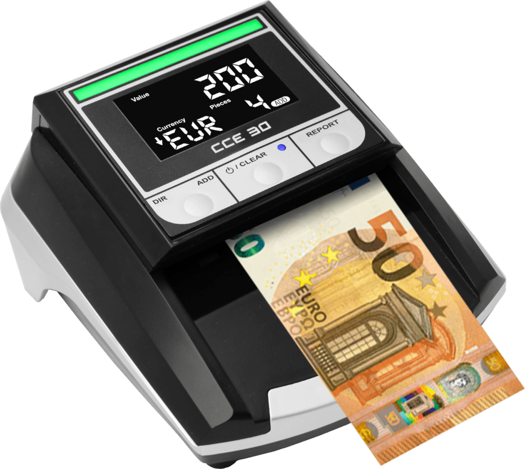 Tester banknotów CCE 30 z banknotem 50 euro